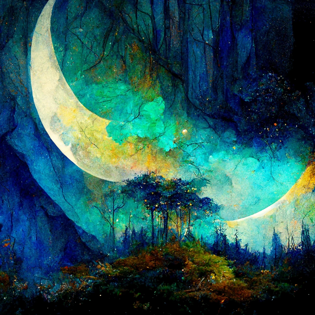 [Midjourney] pintura al óleo luna bosque [Realista]