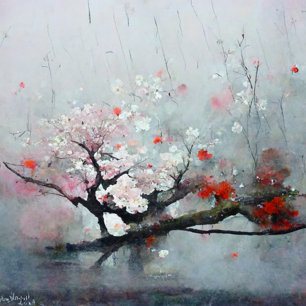 [Midjourney] pintura al óleo Flor de cerezo japonés abstracte lluvia [Realista]