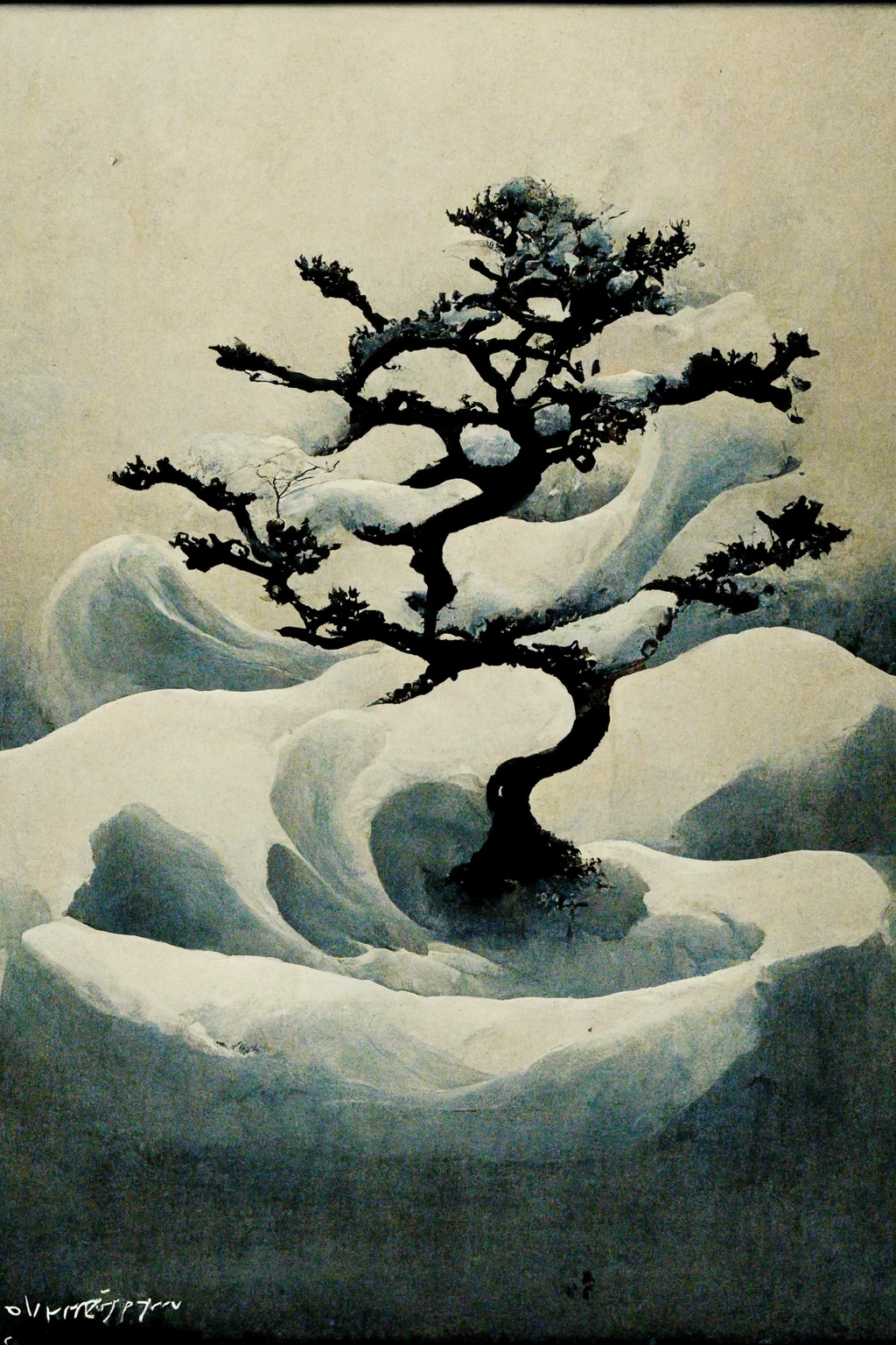 [Midjourney] japonés Bonsái insania abstracte nieve [Realista]