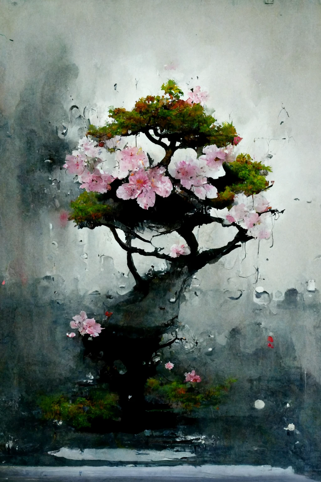 [Midjourney] Flor de cerezo japonés Bonsái insania abstracte lluvia [Realista]