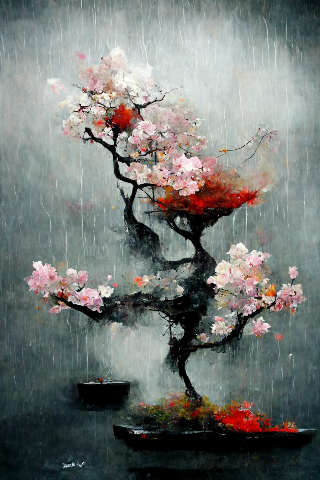 [Midjourney] Flor de cerezo japonés Bonsái insania abstracte lluvia [Realista]