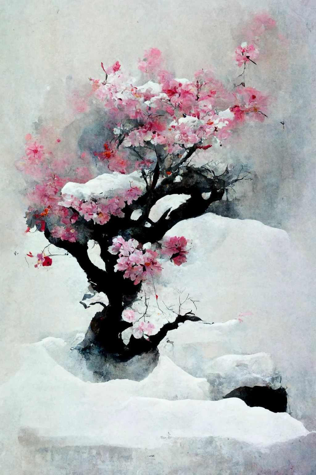 [Midjourney] Flor de cerezo japonés Bonsái insania abstracte nieve [Realista]