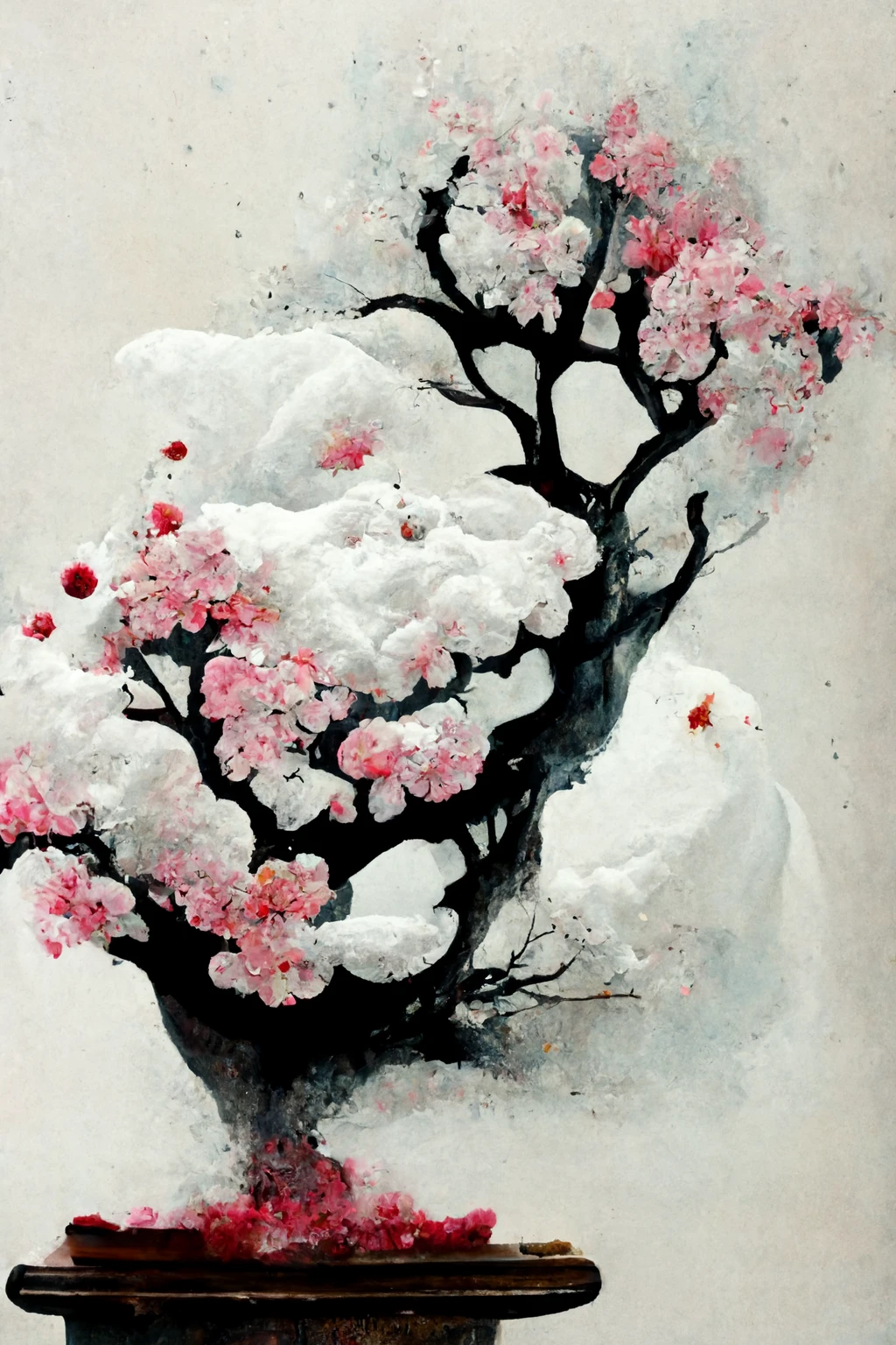 [Midjourney] Flor de cerezo japonés Bonsái insania abstracte nieve [Realista]