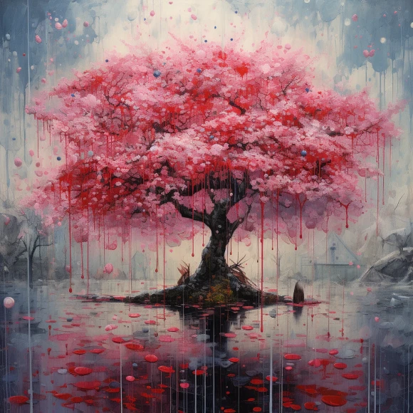 [Midjourney] Flor de cerezo japonés Bonsái insania abstracte lluvia [Realista]