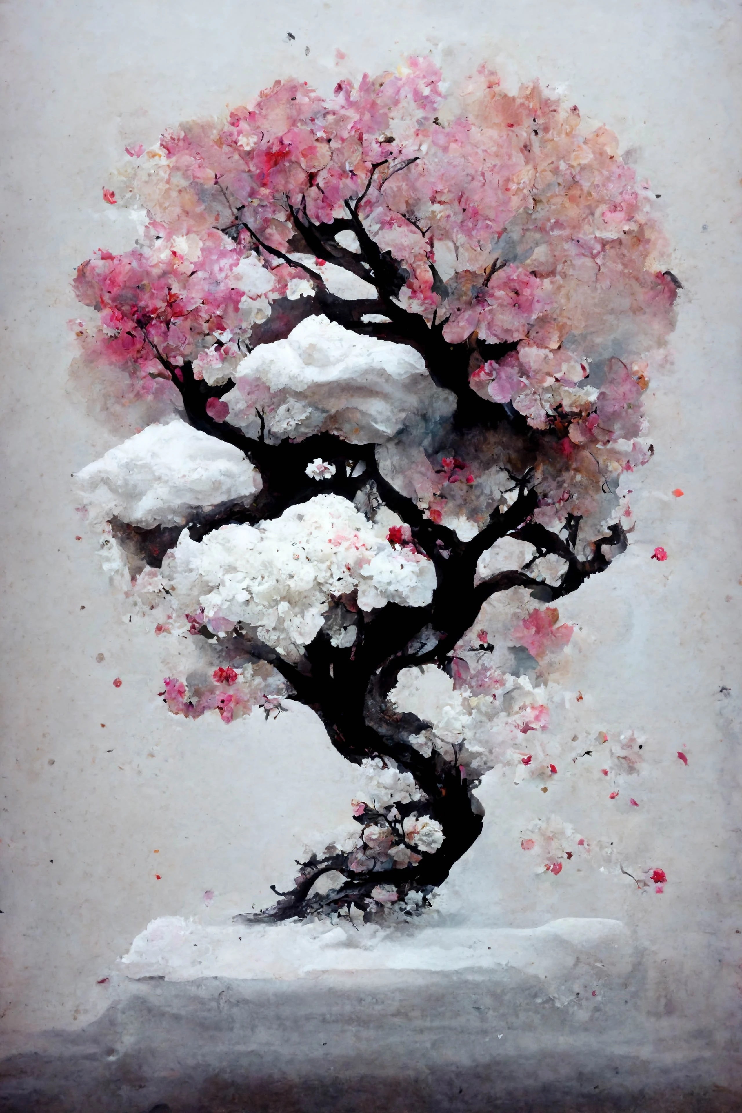 [Midjourney] Flor de cerezo japonés Bonsái insania abstracte nieve [Realista]