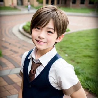 cabello corto, reír, uniforme escolar, chico hermoso, niño