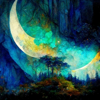 pintura al óleo, luna, bosque