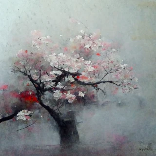 pintura al óleo, Flor de cerezo, japonés, abstracte, lluvia