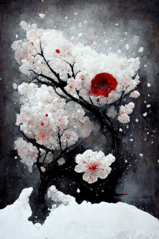 Flor de cerezo, japonés, terror, abstracte, nieve