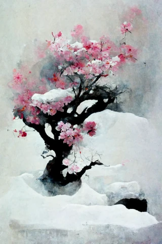Flor de cerezo, japonés, Bonsái, insania, abstracte, nieve