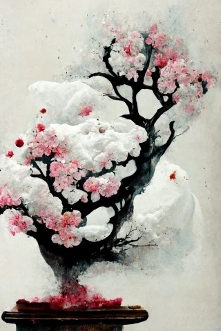Flor de cerezo, japonés, Bonsái, insania, abstracte, nieve