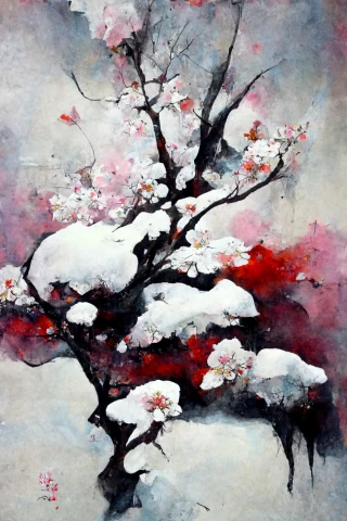 Flor de cerezo, japonés, insania, abstracte, nieve