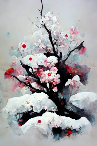 Flor de cerezo, japonés, insania, abstracte, nieve