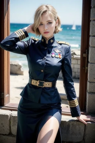 saludo, cabello corto, cabello ondulado, chica hermosa, Obra maestra, uniforme militar, ruinas