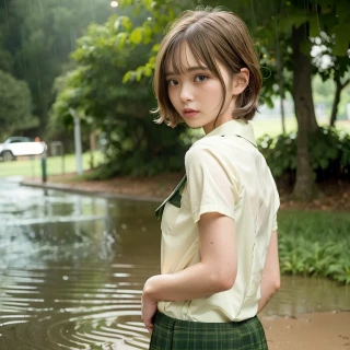 cabello corto, cabello rizado, delgado, desde atrás, cara linda, uniforme escolar, cuerpo mojado, lluvia, bosque